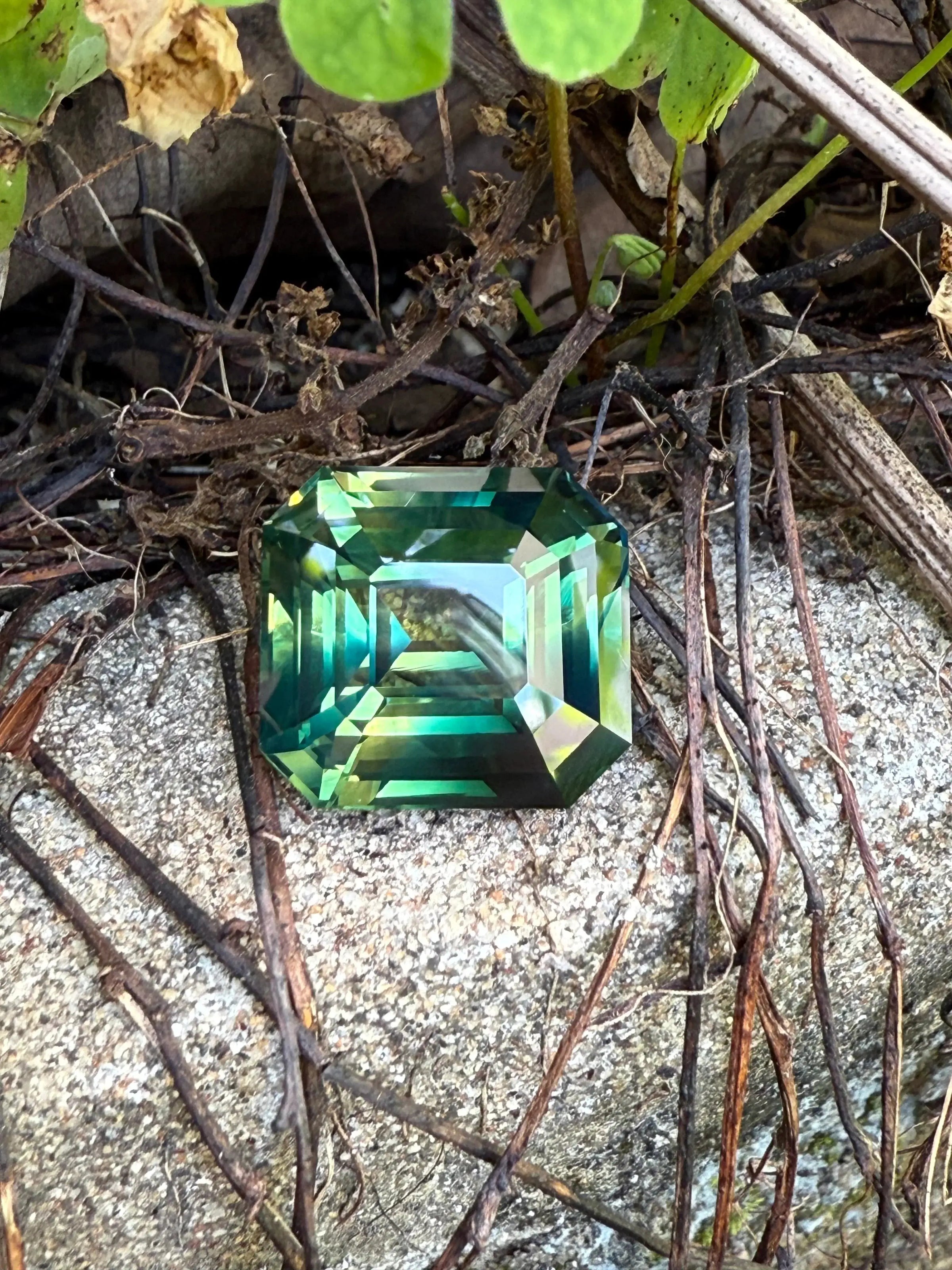 Round brilliant cut teal sapphire on a natural moss background, ethically sourced from Sri Lanka - Crystal Gem & Jewelry