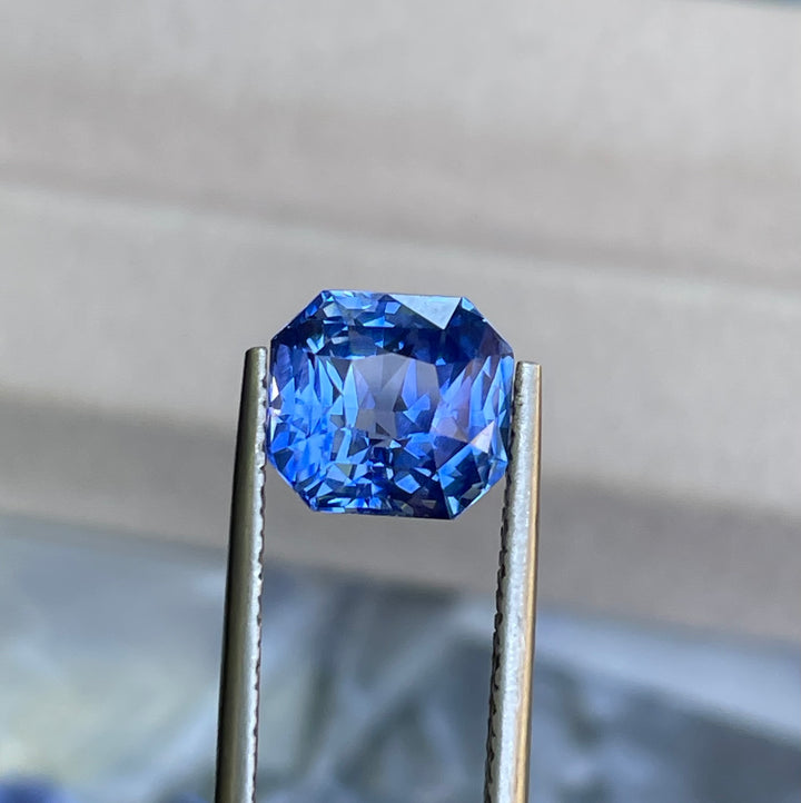 Natural 3.59 carat vivid blue sapphire from Madagascar, radiant cut, 8.5 × 7.8 × 5.8 mm, heated natural loose gemstone by Crystal Gem &amp; Jewelry.