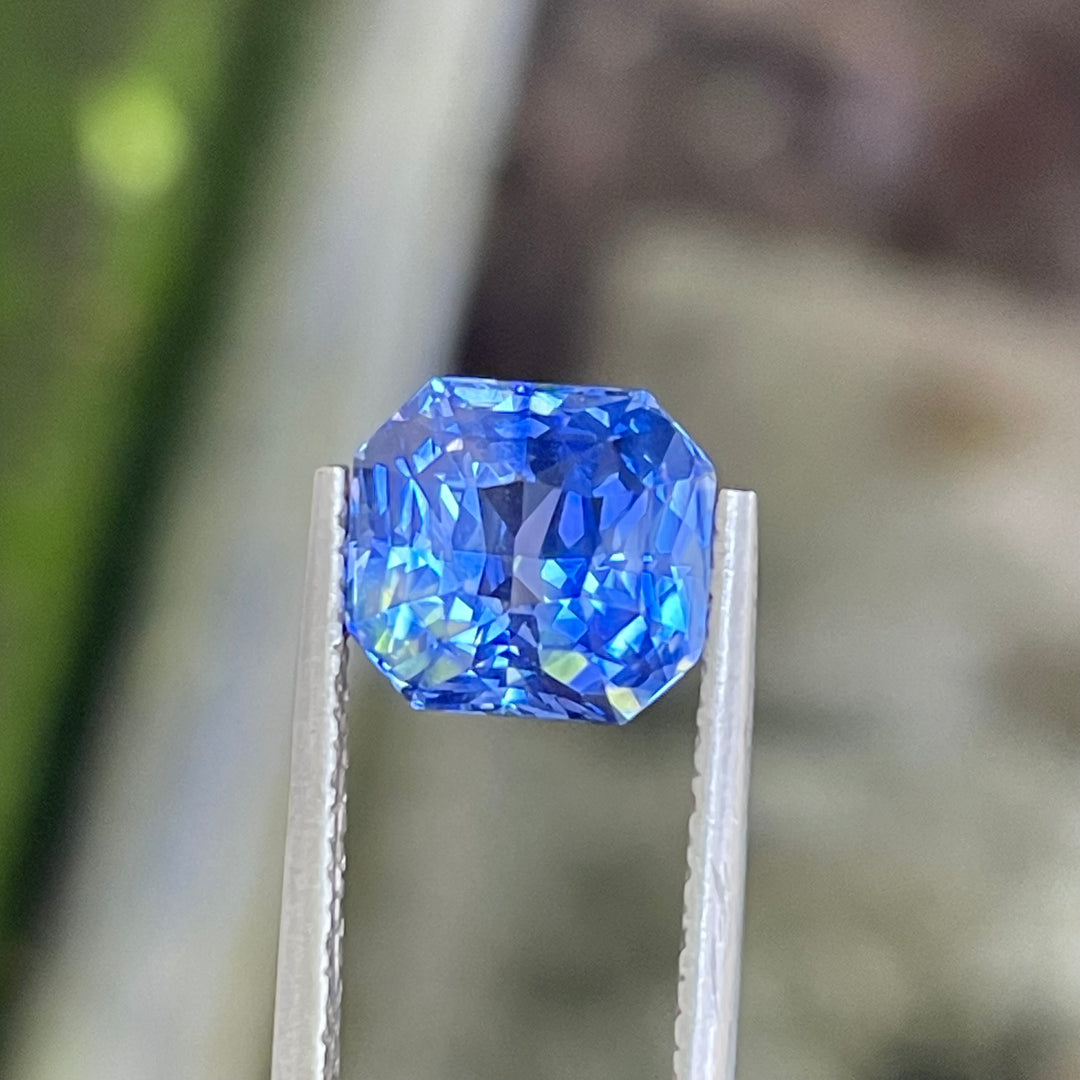 Natural 3.59 carat vivid blue sapphire from Madagascar, radiant cut, 8.5 × 7.8 × 5.8 mm, heated natural loose gemstone by Crystal Gem &amp; Jewelry.