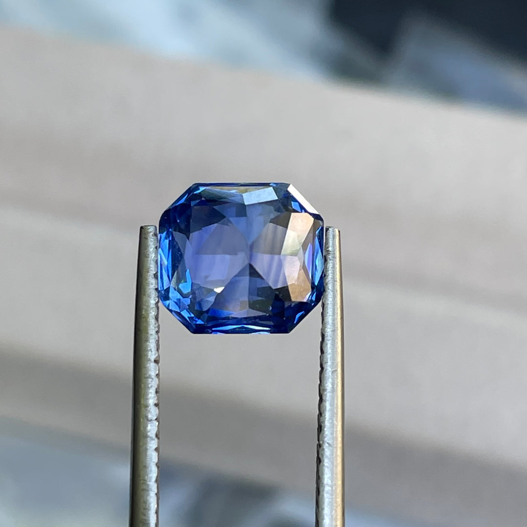 Natural 3.59 carat vivid blue sapphire from Madagascar, radiant cut, 8.5 × 7.8 × 5.8 mm, heated natural loose gemstone by Crystal Gem &amp; Jewelry.