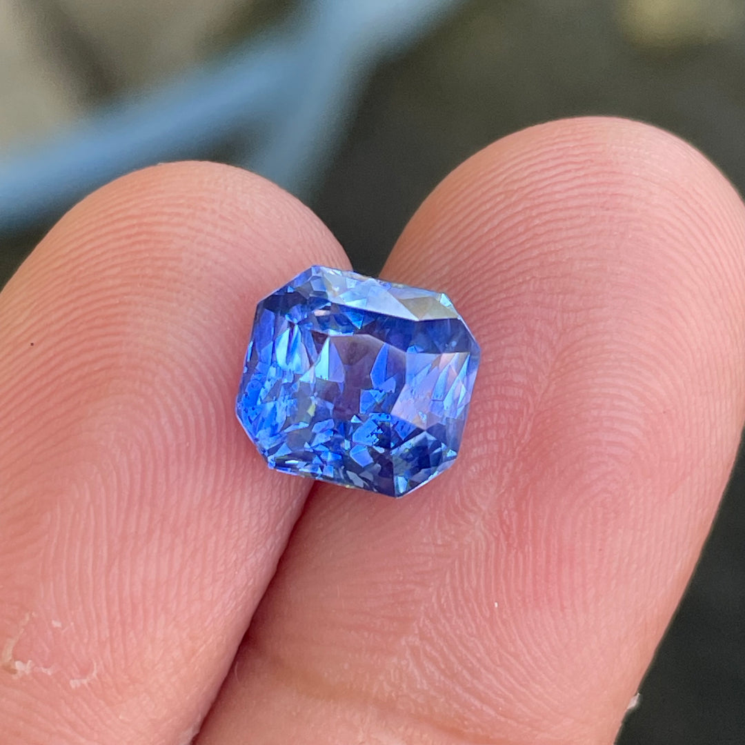 Natural 3.59 carat vivid blue sapphire from Madagascar, radiant cut, 8.5 × 7.8 × 5.8 mm, heated natural loose gemstone by Crystal Gem &amp; Jewelry.