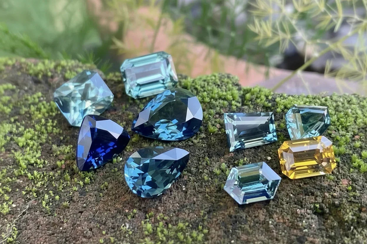 A collection of loose gemstones in various cuts including emerald, pear, and trillion, featuring deep teal blue, light blue, and one yellow sapphire, resting on green moss