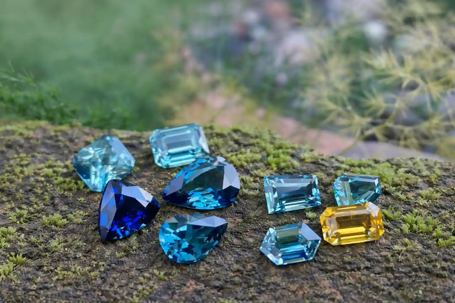 A curated selection of multi-colored gemstones including teal, royal blue, and yellow sapphires in emerald and pear cuts, displayed on a natural mossy stone