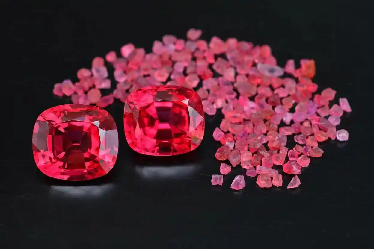 Two cushion cut red spinel gemstones with a pile of rough red spinel crystals on a black background