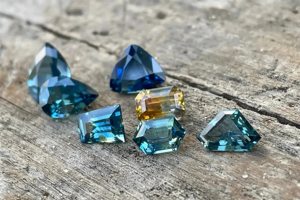 A collection of faceted teal and bi-color sapphires in various cuts on a rustic wooden background