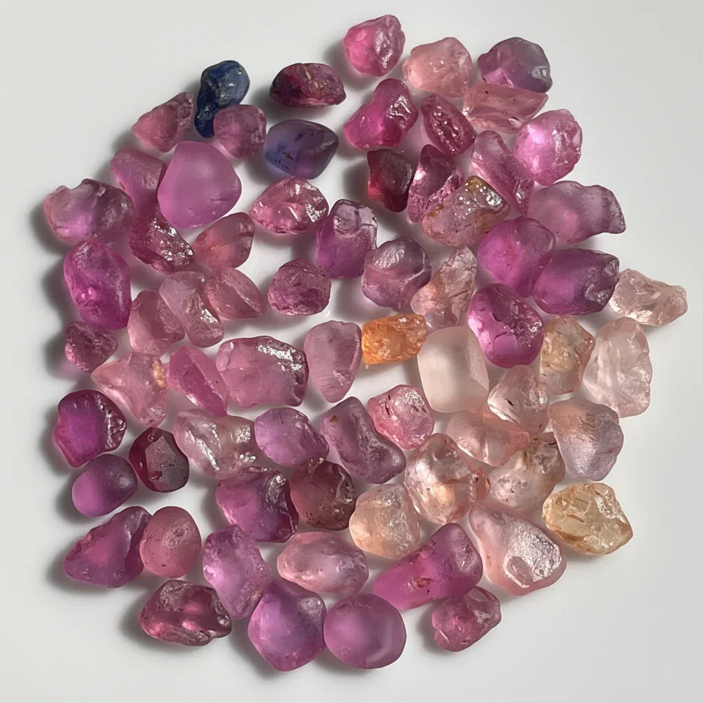 A collection of natural raw pink, peach, and rare Padparadscha sapphire gemstones from Crystal Gem & Jewelry