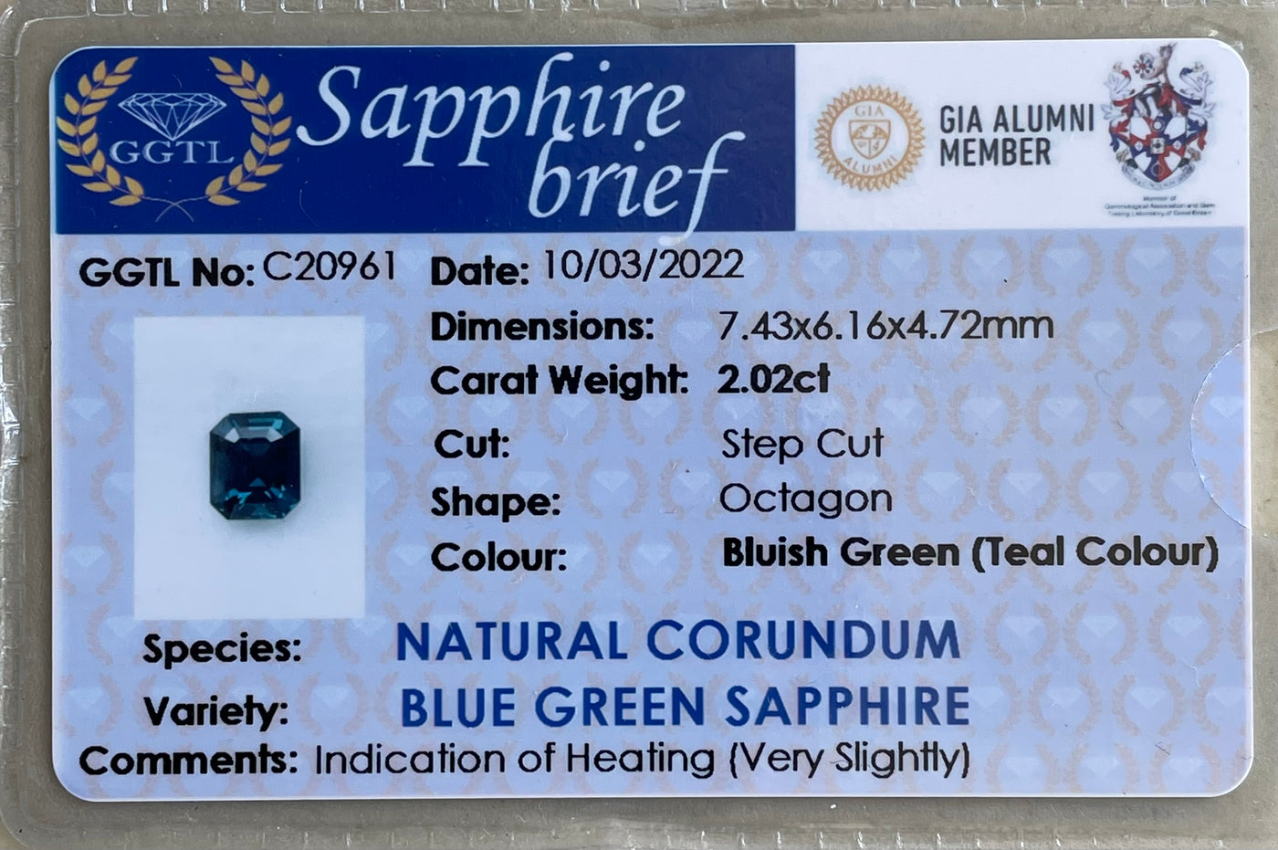 TEAL SAPPHIRE 2.02 CT